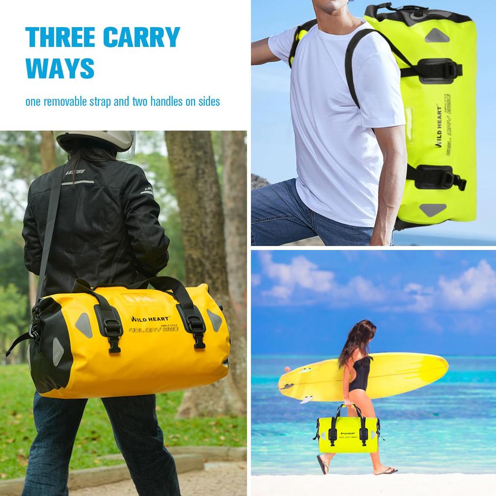 WILD HEART Waterproof Duffel 100L with Welded Seam Shoulder Straps and Binding for Motorcycle Drum Touring Seat and Outdoor Use Bag, 40L, 66L,