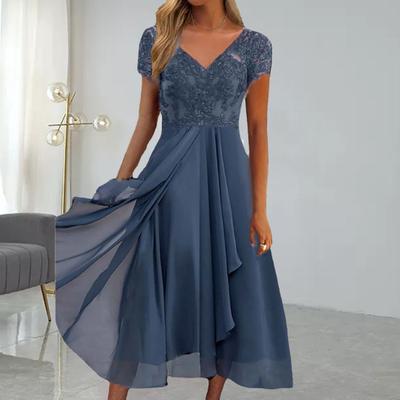 V-Neck Short Sleeve Waist Tight High-Waist Evening Dress Elegant Embroidery Lace Floral Pattern