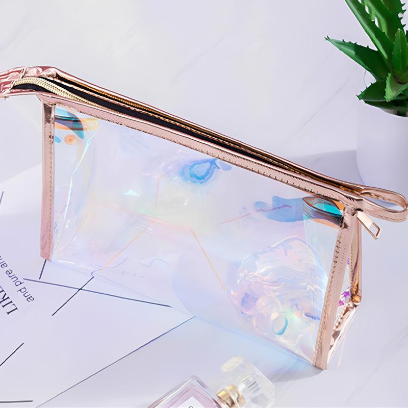 Borsa Trasparente Impermeabile in PVC per Cosmetici, Necessaire, Organizer per Trucco, Colore Laser, Cerniera, Lavabile, Beauty Case