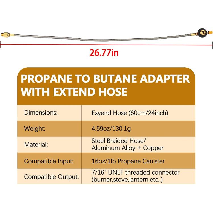 2 Feet Gas Adapter Extension Braided Hose Propane/Butane/Isobutane Small Tank Input EN417 Lindal Valve Output