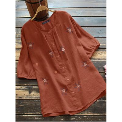 Damen Sommer Rundhals Knopf Übergröße Lockere Bluse Mittellang Einreihig Mehrknopf Baumwolle Leinen T-Shirt