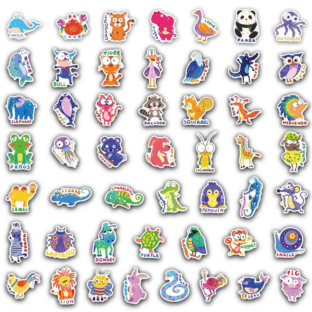Set of 50 Children's English Cartoon Animal Stickers for Thermos Cups, Phone Cases, Laptops, and Desktops
