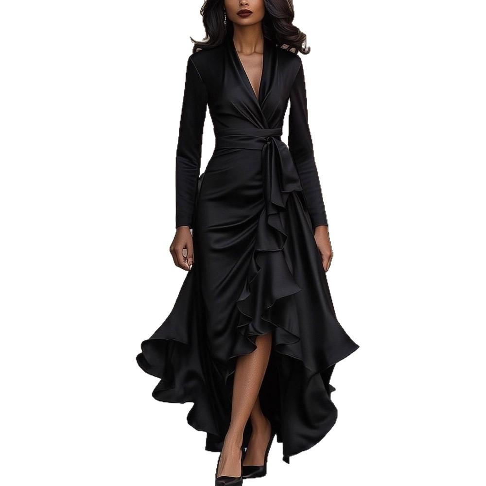 2026 European and American women's clothing, autumn new v-neck waist ruffle leaf temperament dress