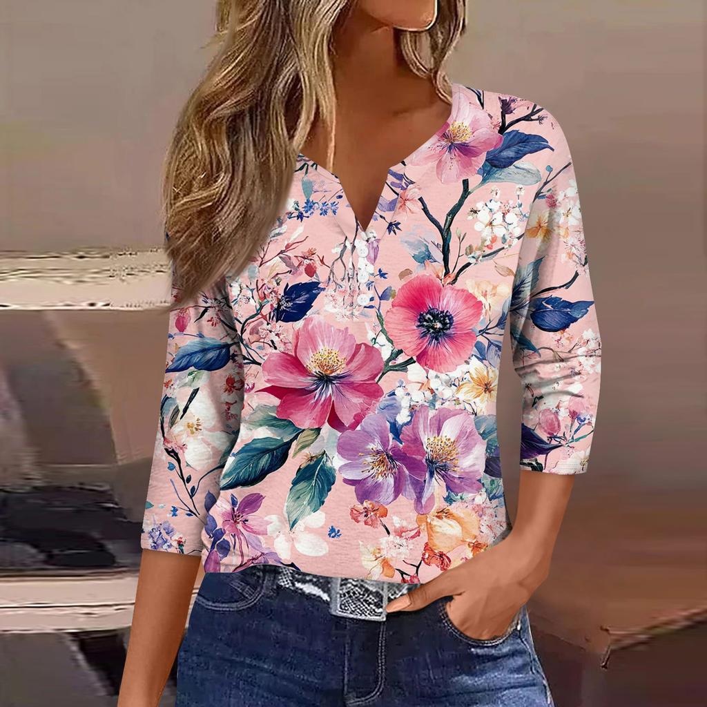 Women's Loose Casual Flower Print Seven Quarter Sleeved V-Neck Top Seven Quarter Sleeved V-Neck Top
