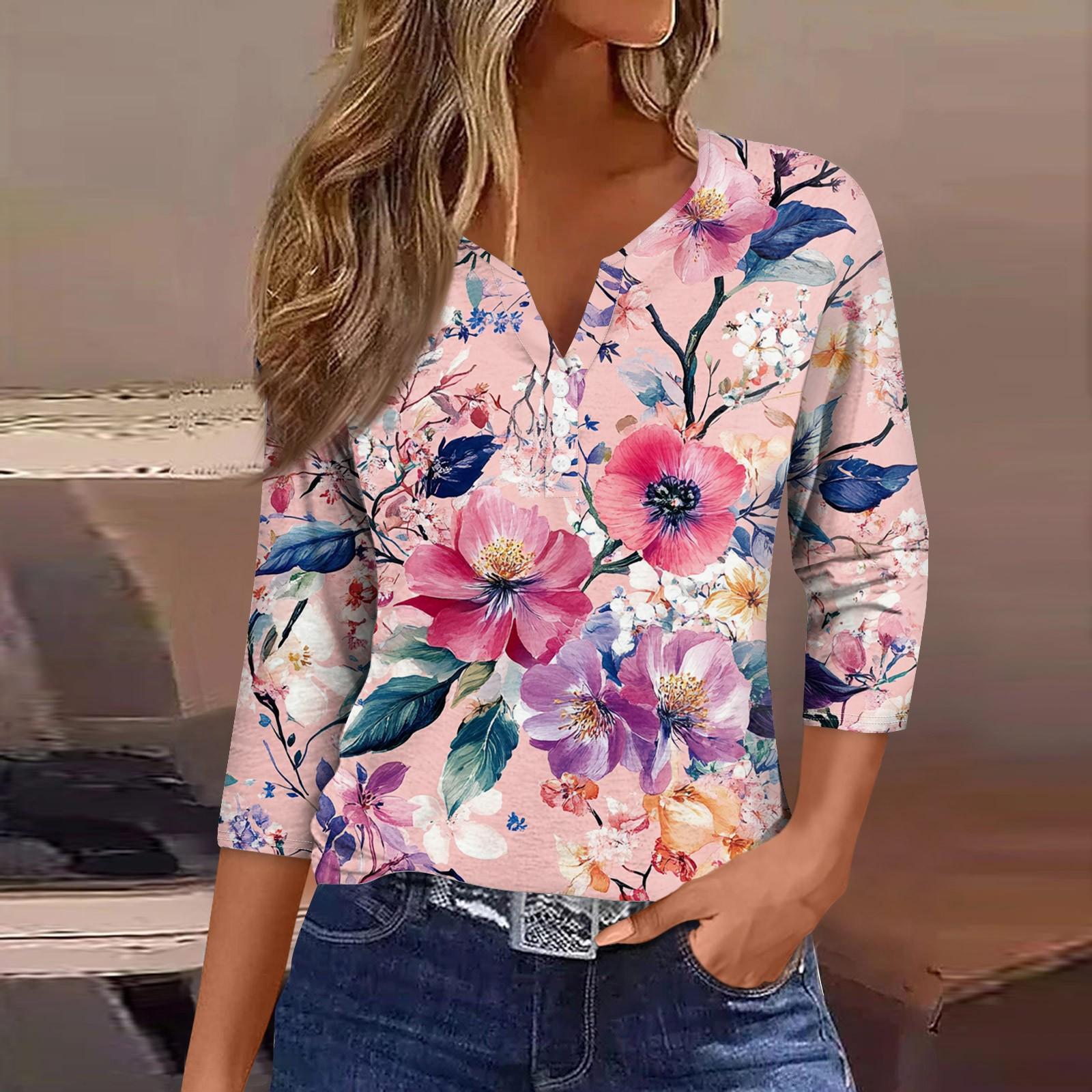 

Женский свободный повседневный топ с цветочным принтом и V-образным вырезом с рукавами семь четвертей Топ с V-образным вырезом и рукавами семь четвертей S