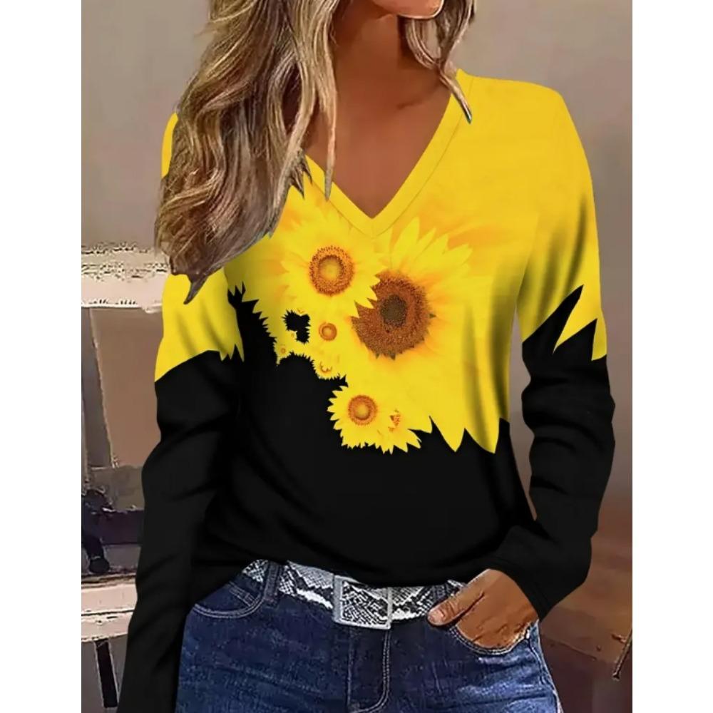 

Женская футболка с цветочным принтом в стиле бохо, винтажная мода, длинный рукав, круглый вырез, обычный топ, для повседневной носки, для выходных, с принтом, желтый, осень-зима 2XL