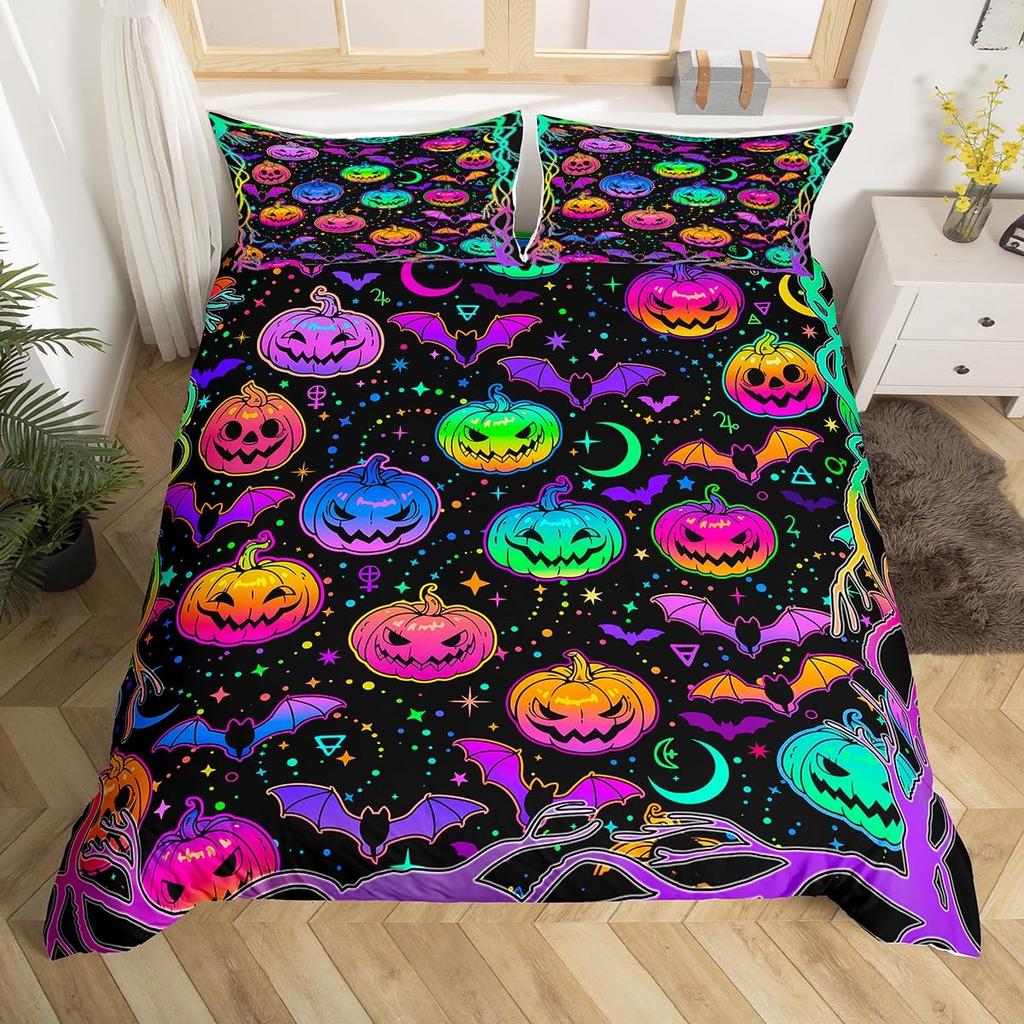 Comforter Halloween Bats Glitter Stars Galaxy Gothic Bedding Set Cute Cartoon Watercolor Bat Comforter Twin Queen Size