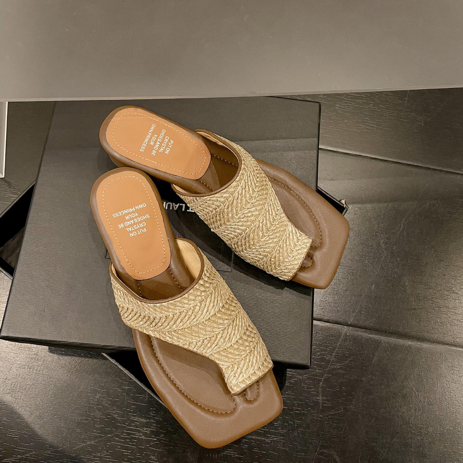 

Q soft Q soft square toe slippers thick heel fashion simple sweat-absorbing straw summer vacation sandals shoes 40 custom made абрикосовый