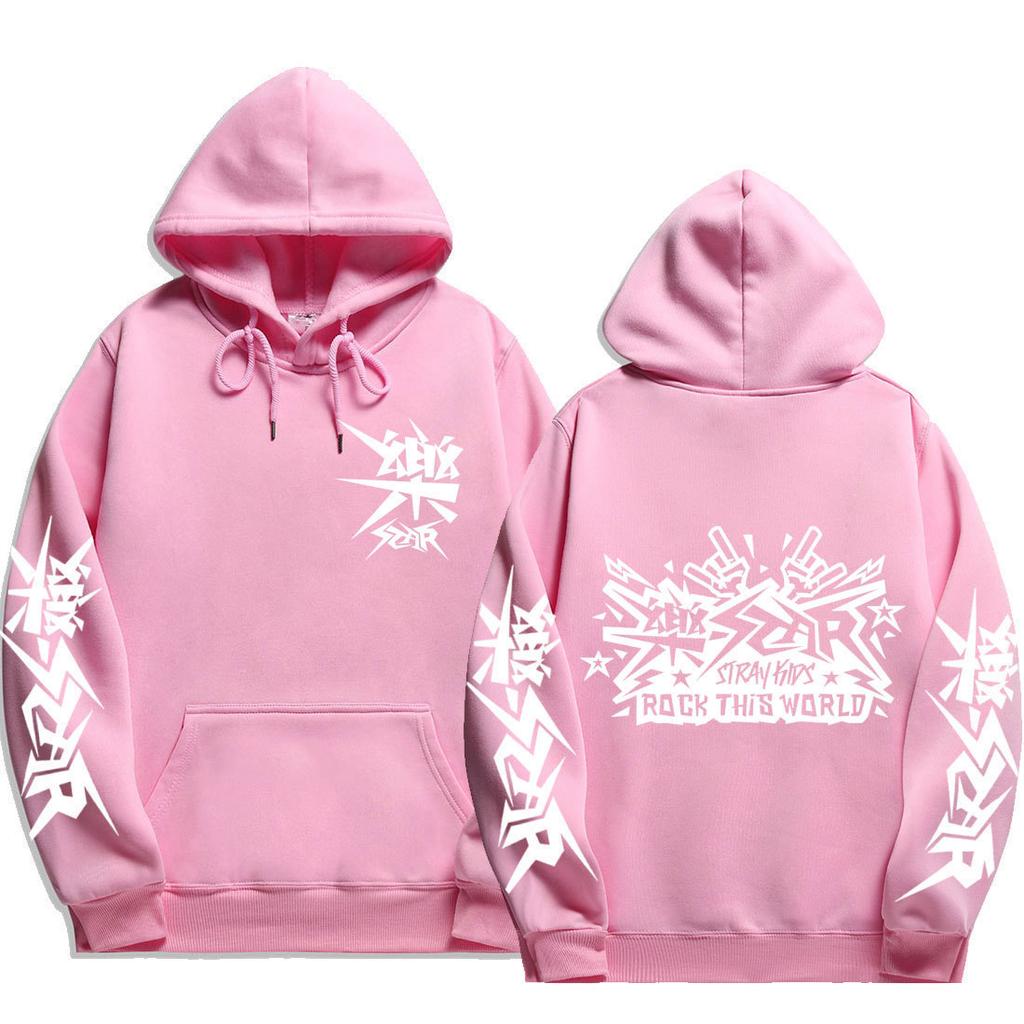 Stray Kids ROCK‑STAR Rock This World Pullover Hoodie White Punk Logo Front Sleeves Back Double Rock Hands Graphic Oversized Unisex K‑Pop Streetwear