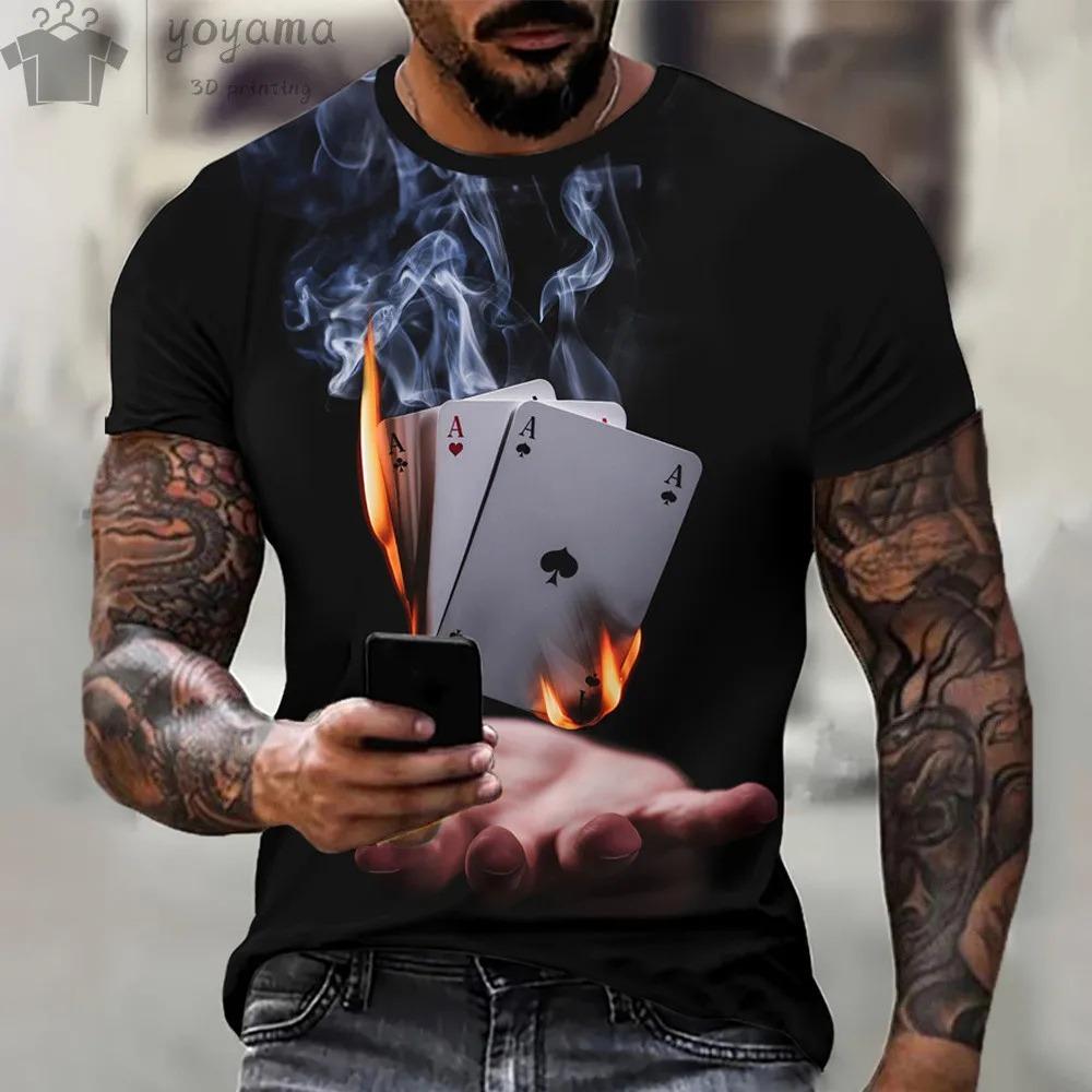 Summer Casual 3D Poker A-pattern Retro Printed Men's T-shirts Short Sleeves O-collar Oversized T-shirt Casual Fashion Sports Top