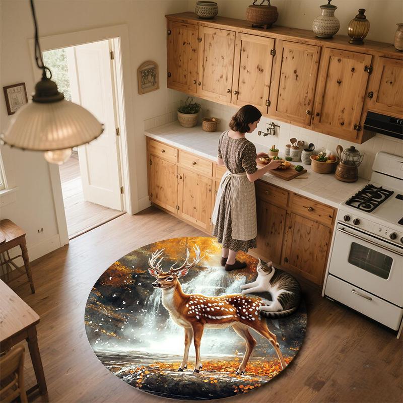Deer by Waterfall Round Area Rug,Carpet Rug for Living Room Bedroom Sofa Playroom Decor,Non-slip Floor Mat