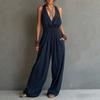 Tuta da donna con scollo all'americana gamba larga tinta unita scollatura a V profonda casual vestibilità larga tuta estiva