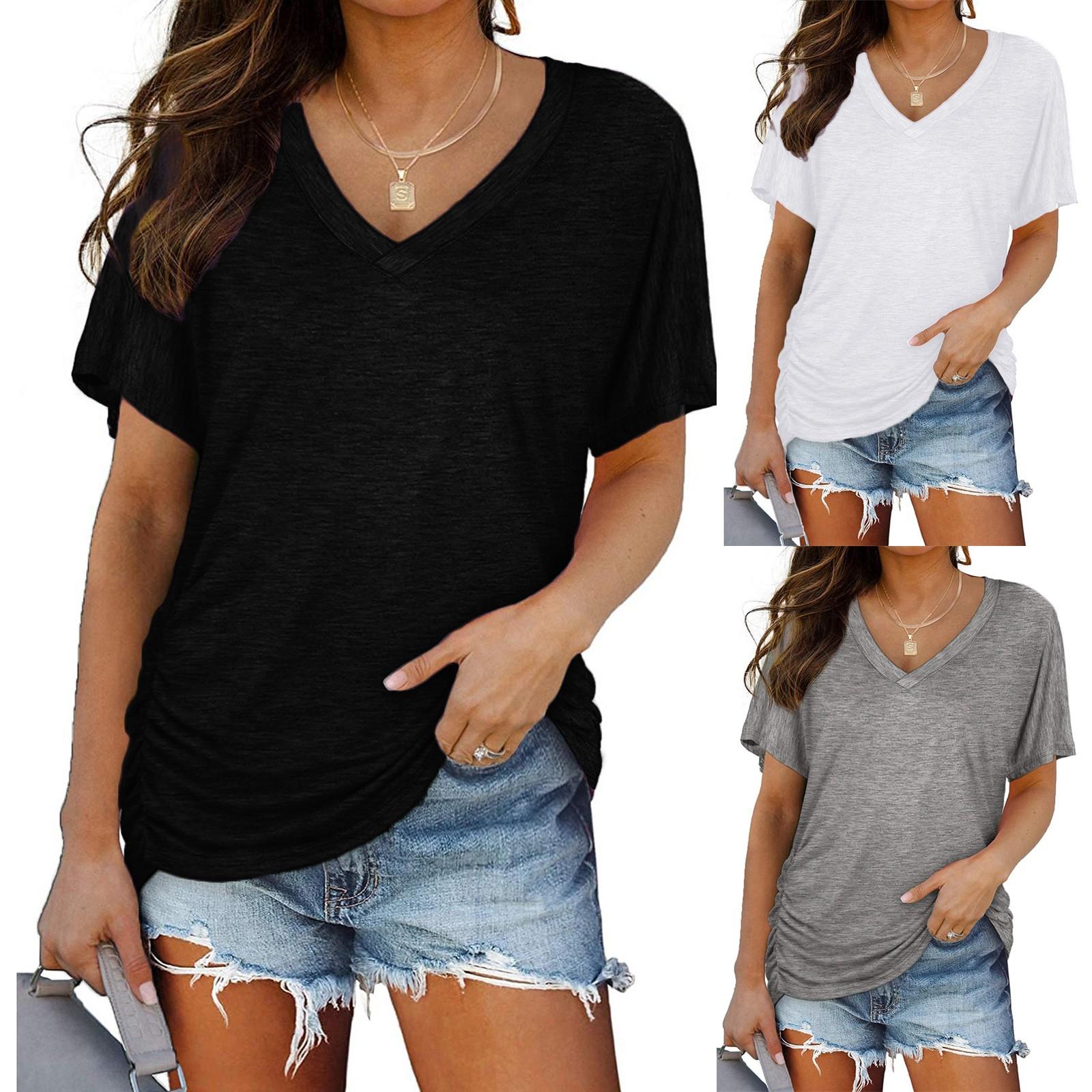 

womens Короткий рукав V Шеи Твердые топы с боковой Shirring блузка футболка