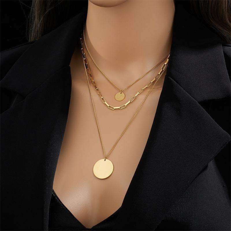 Gold Layered Paperclip Chain Necklace with Disc Pendants for Women