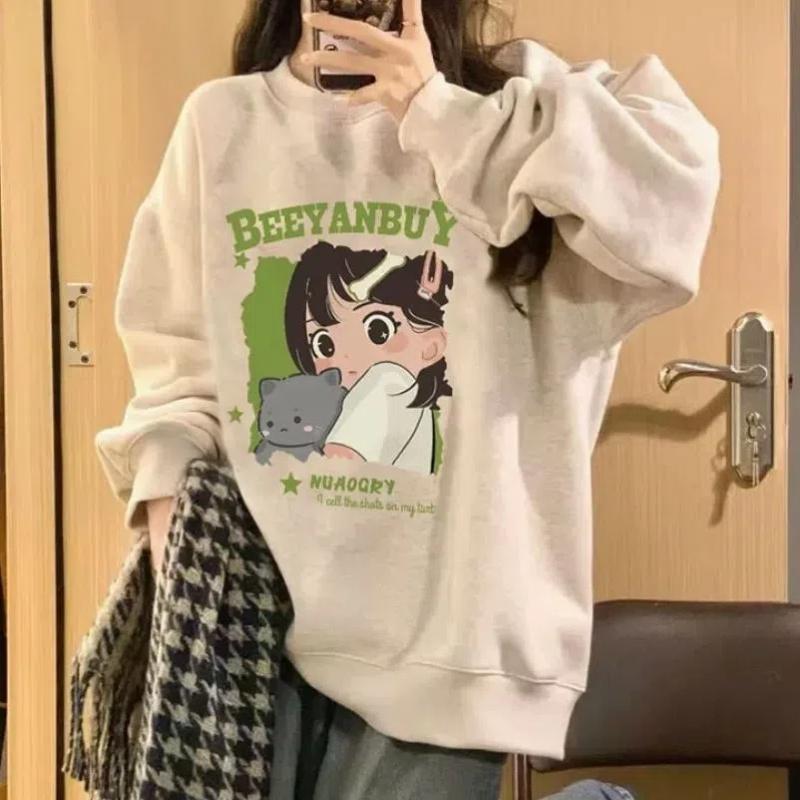 

Американский ретро женский весенне-осенний 2024 новый лоскутный пуловер с круглым вырезом и принтом букв, модные свободные толстовки с длинным рукавом M бежевый