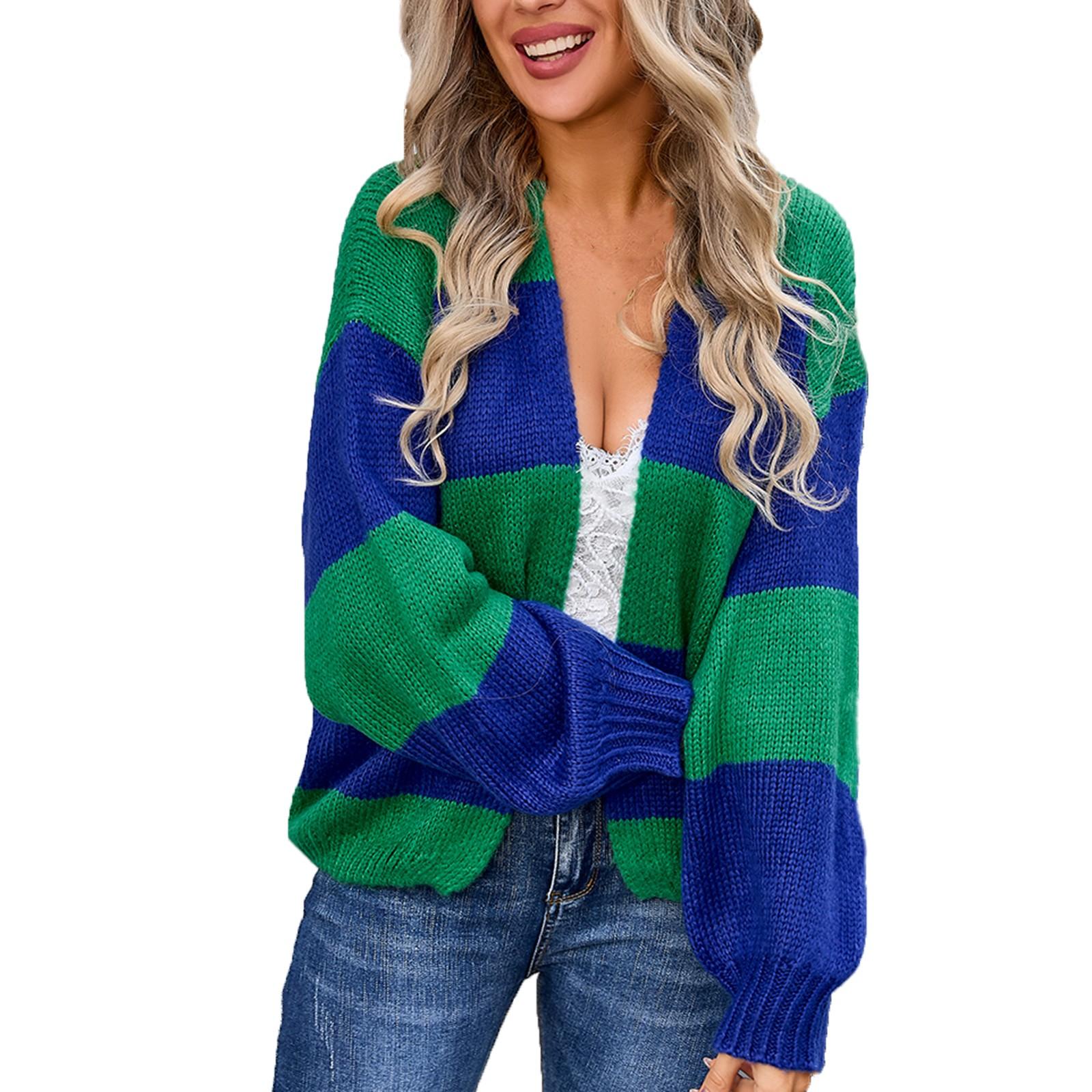 Женский повседневный модный удобный уличный вязаный полосатый кардиган L синий