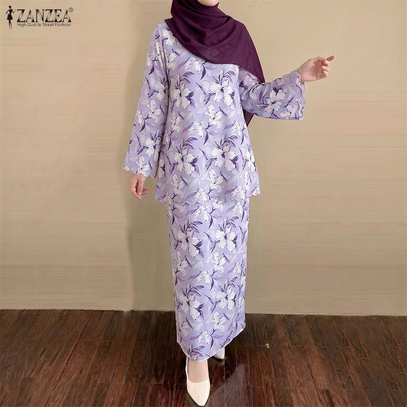 ZANZEA Women Long Sleeve Blouse and Long Skirts Floral Print Two Piece Suit Sets