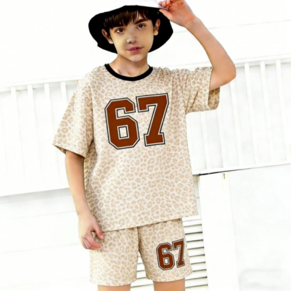 Módní Dětský Letní Ležérní Outfit 2dílná Sada s Potiskem Čísla 67 a Leopardím Vzorem pro Kluky a Holky Dětské Oblečení Vrchní díl