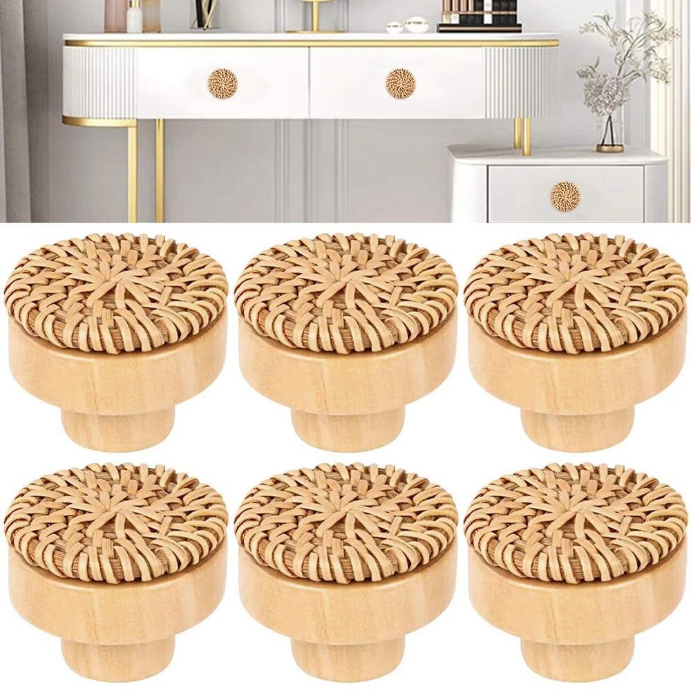 2/4/6/8Pcs Round Rattan Drawer Knobs Solid Wood Door Pulls  Furniture Hardware Accessories