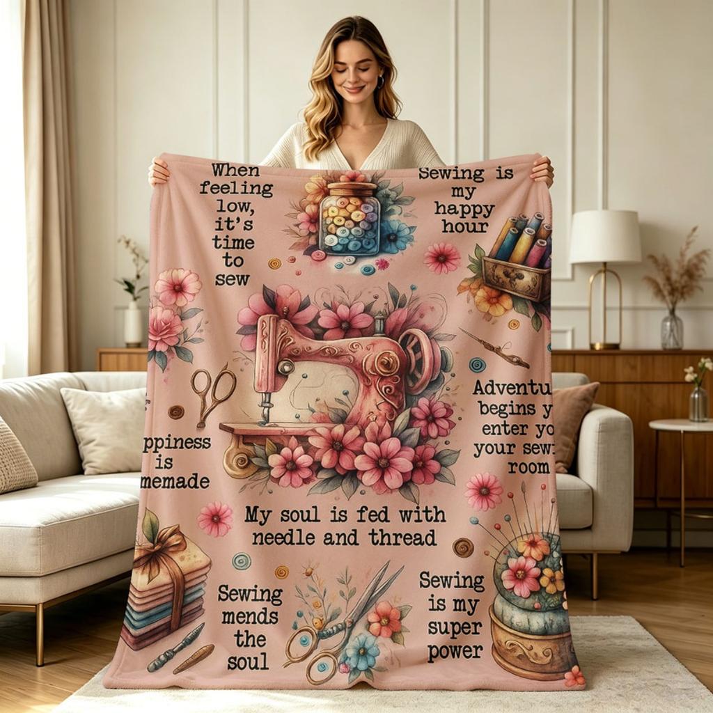Soft Flannel Sewing Themed Print Blanket All Season Warm Cozy Throw Blanket for Couch Chair Bedroom Office Home Decor for Sewing Lovers with Floral Se