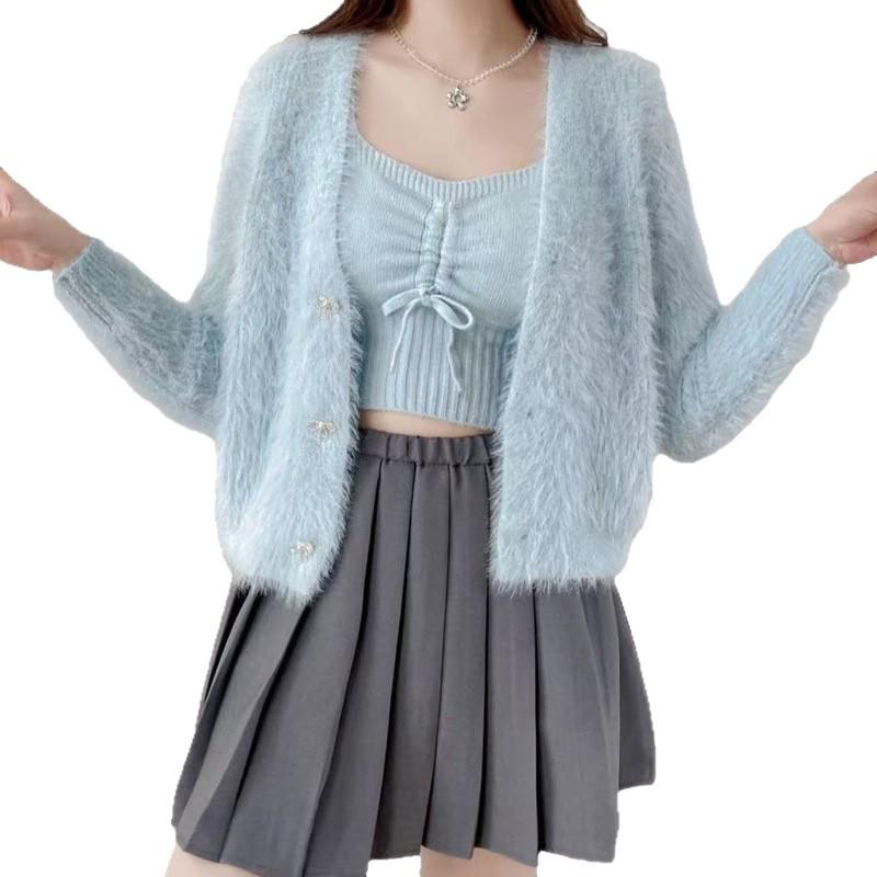 Women's Faux Mink Velvet Sweater & Cardigan Set with Bow Button - Autumn/Winter Japanese Style.