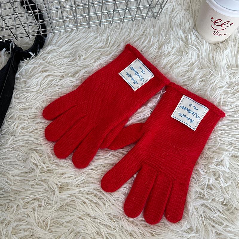 Nianke Women's Red Angora Knit Gloves - Winter Warm, Touch Screen Compatible, Five-Finger Design, and Cold-Proof for Christmas and New Year.