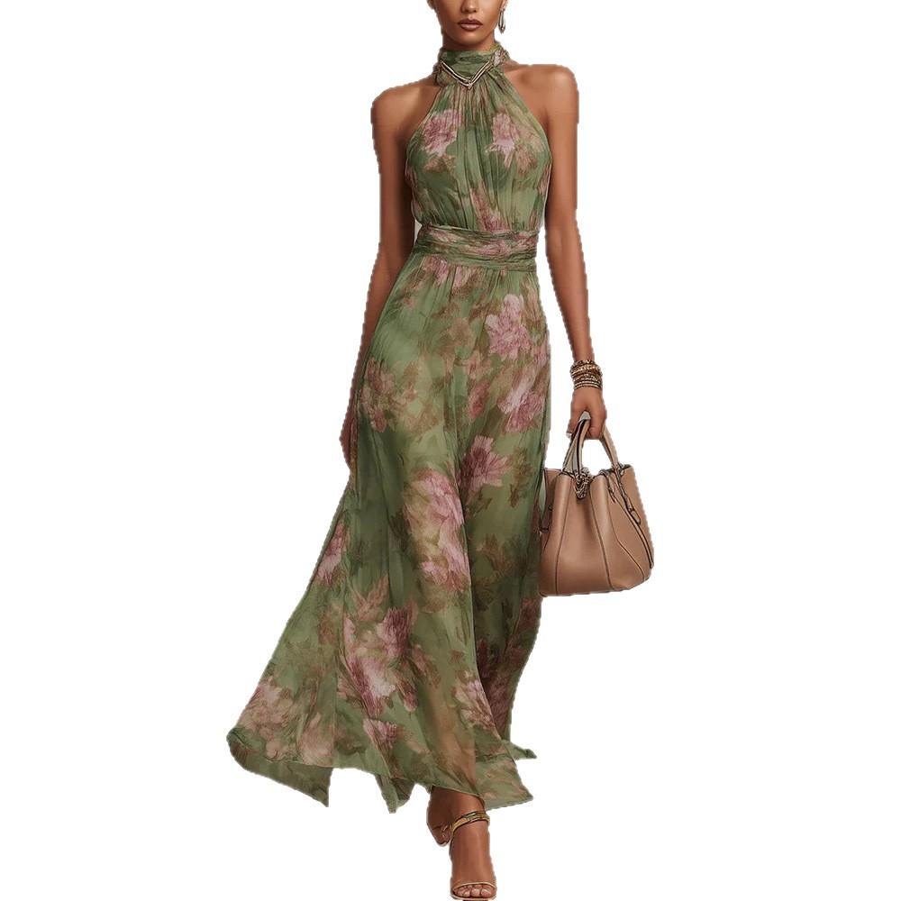 2026 women's new chiffon long dress in Europe and America, waist and thin, neck and sleeveless holiday wind wrinkle dress