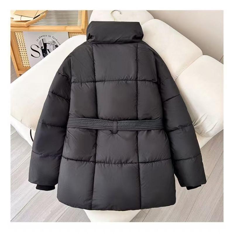 Women S Waist Tied Stand Collar Cotton Coat Solid Color Korean Style