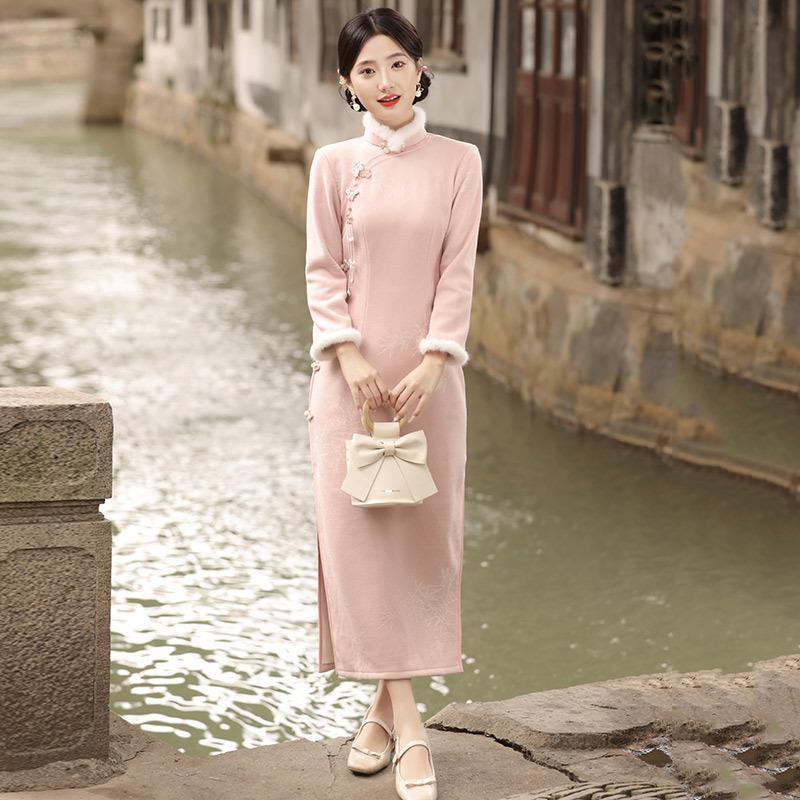 Pink velvet thickened winter clothing national style new Chinese long-sleeved improved cheongsam women s high-end sense retro autumn and winter S