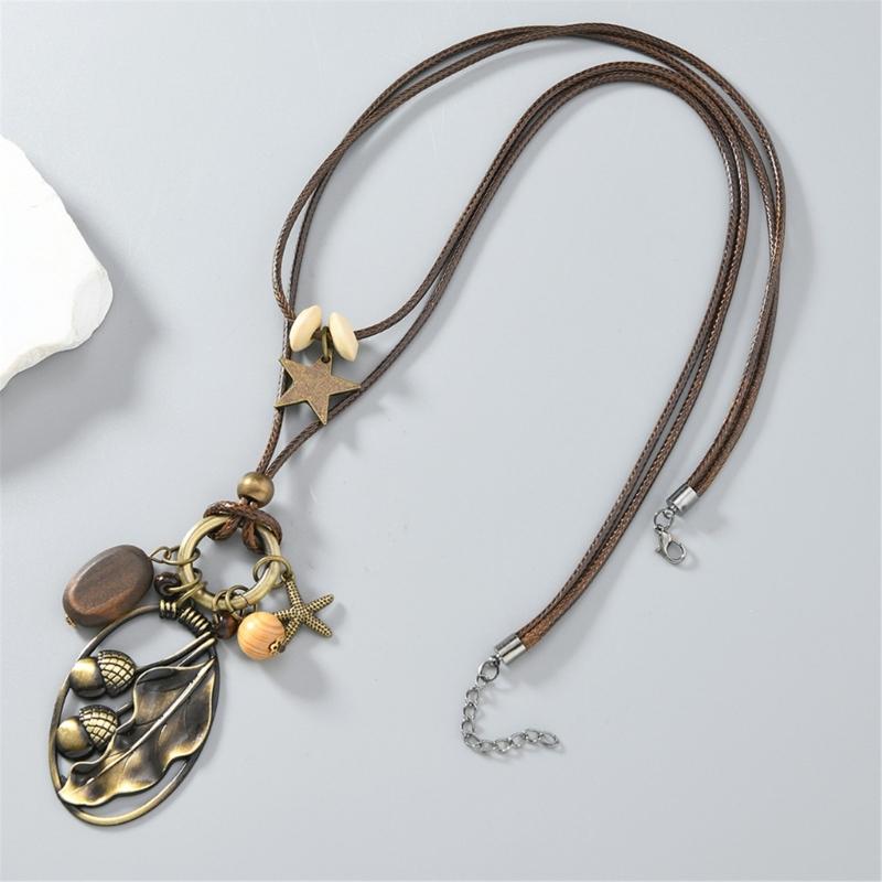 Handmade Waxed Cord Necklace Featuring Alloy Pendant And Natural Wood Beads Jewelry For Sensitive Skin