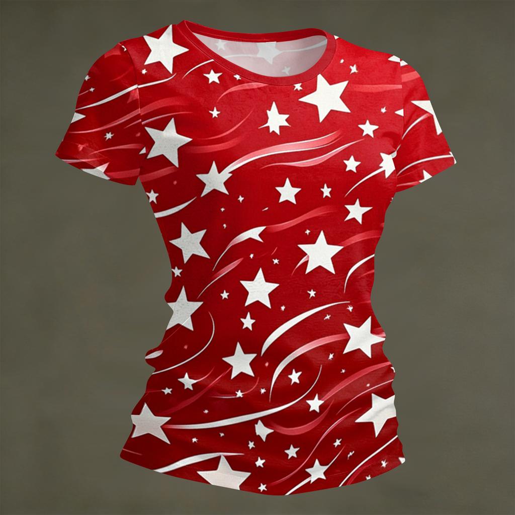 Women's Fashion Round Neck Independence Day Print Short Sleeve Loose Crewneck T-Shirt Top