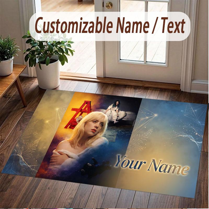 Custom Name Crystal Velvet Rug,Billie Eilish Comfortable Anti Slip Floor Mat For Room Decoration
