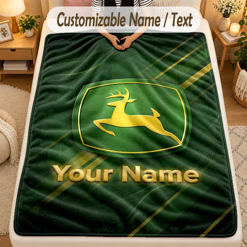 Flannel BlanketJohn Deere Custom Name Text Personalized Soft Warm Throw Blanket Home Decor Gift