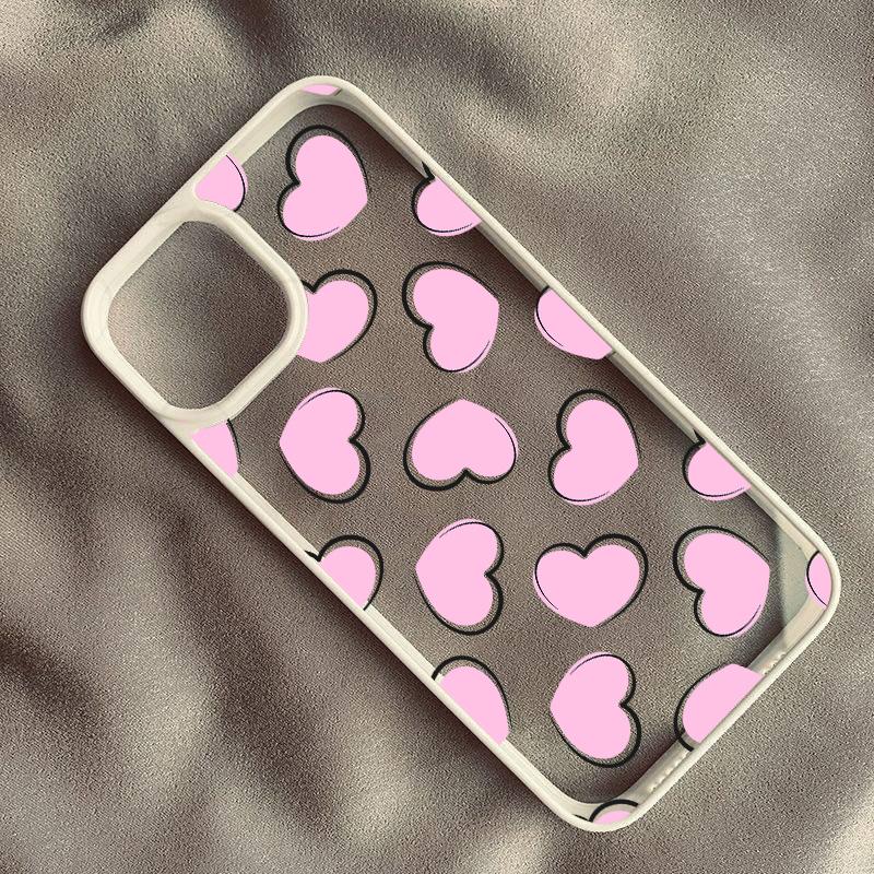 Cute Wine Red Pink Love Heart Graffiti Phone Case For iPhone 16 15 14 13 Pro MAX 11 12 XS SE20 XR 7 8Plus INS Clear Hard Cover