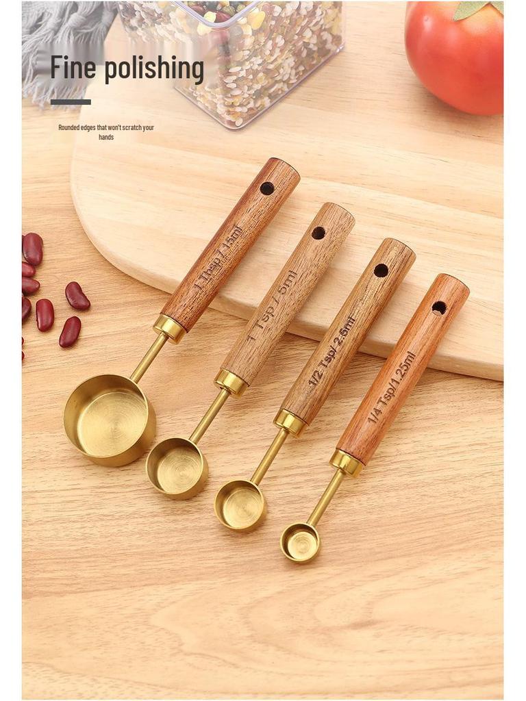 Gold Stainless Steel Measuring Cups & Spoons Set with Acacia Wood Handles - 8-Piece Baking Tool Set