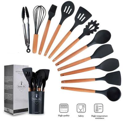 12PCS Silicone Utensílios de Cozinha Antiaderentes Utensílios de Cozinha Conjunto Espátula Pá Batedores de Ovos Cabo de Madeira Conjunto de Ferramentas de Cozinha