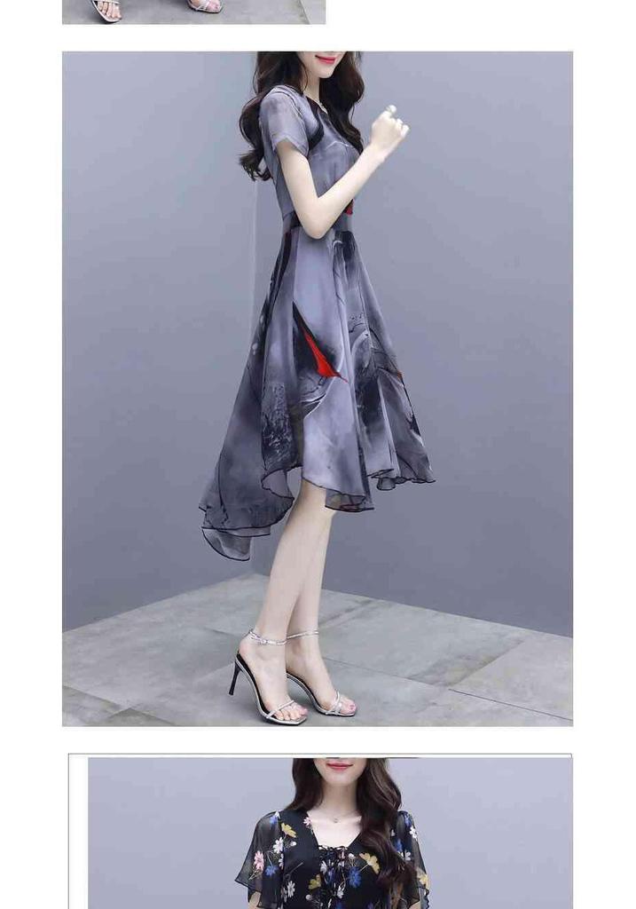 2026 Summer Women's Short Sleeve Chiffon Swallowtail Dress with Korean Print