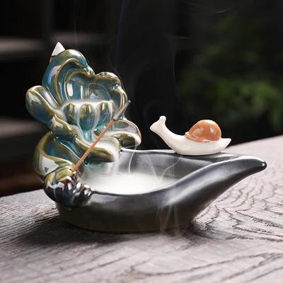 Blue Lotus Pond Snail Type Backflow Incense Burner Ceramic Incense Stick Holder Zen Meditation and Relaxation Home Decor Censer