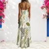 Women Plus Size V Neck Strappy Sleeveless Tropical Leaf Printed A Line Long Dress