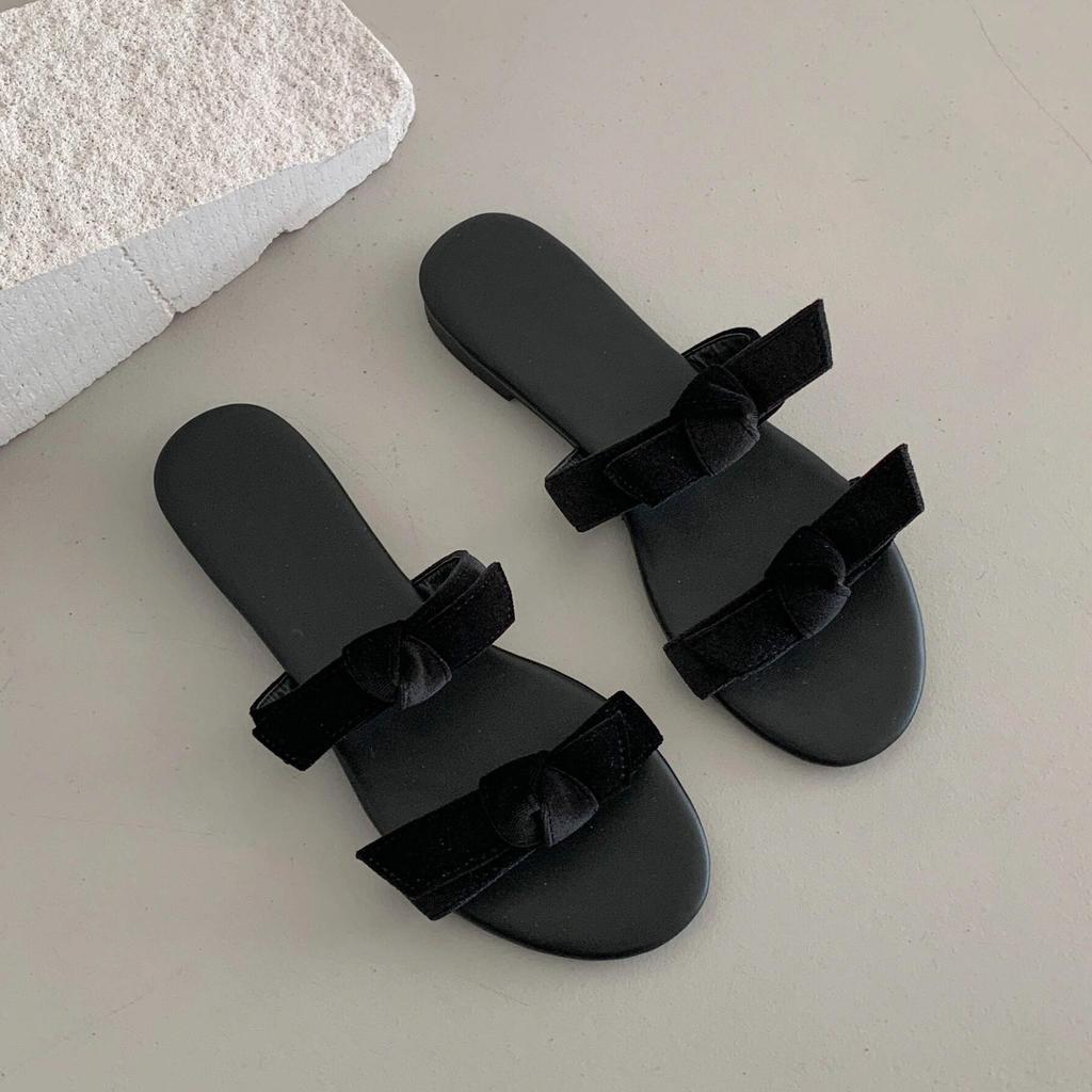 Slippers for Women 2025 Summer Bow Tie One and Double Straps Flat Sandals Womens Beach Wear Open Toed Round Toe Slippers/sandals