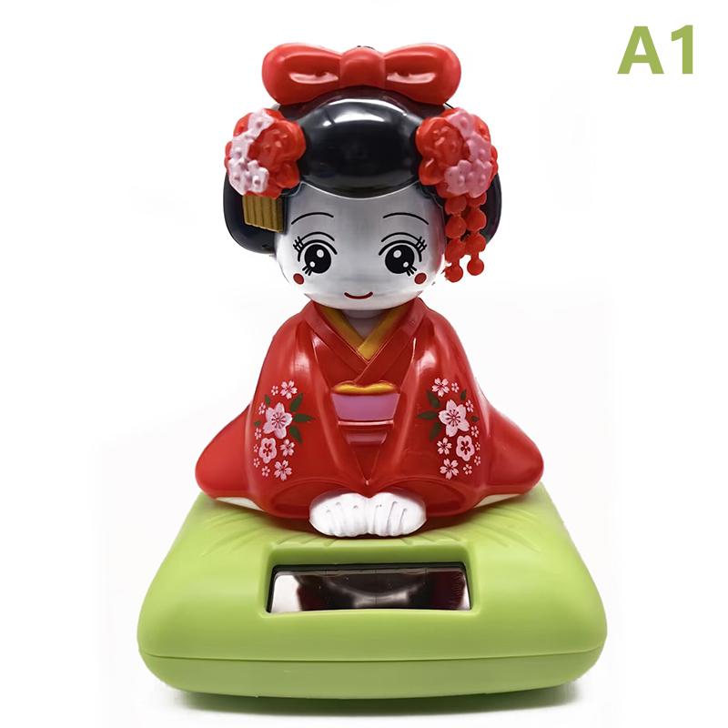 Solar Powered Japanese-Style Doll Car Ornament Kimono Girl Shaking Head Nod Head Cartoon Doll Dashboard Cute Car Decor