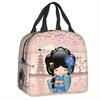 Cherry Blossom Kokeshi Doll Insulated Lunch Bag - Reusable Thermal Cooler Bento Box with Cute Sakura Design