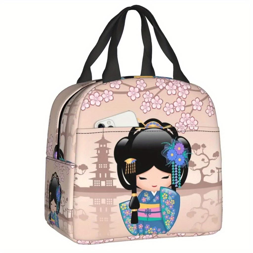 Cherry Blossom Kokeshi Doll Insulated Lunch Bag - Reusable Thermal Cooler Bento Box with Cute Sakura Design
