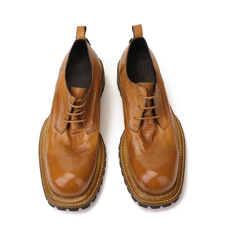 British Square Head Horsehide Retro  Low-top Leather Shoes Trend Thick Bottom Goodyear Leather Bottom Men's Shoes
