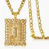 Vintage Square Hollow 26 Letter Pendant Necklace,Gold Plated Figaro Chain Personalized Jewelry for Men Women