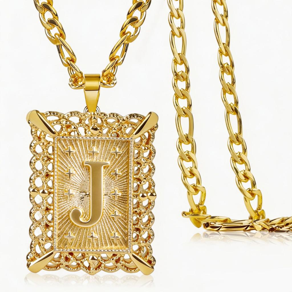 Vintage Square Hollow 26 Letter Pendant Necklace,Gold Plated Figaro Chain Personalized Jewelry for Men Women