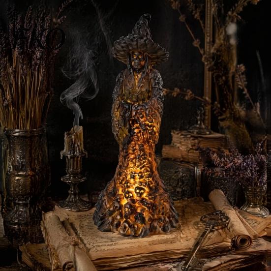 Decorative Witch Hat Skull Skeleton Resin Figurine, Halloween Gothic Statue, Spooky Yard Lawn Secret Room Props Fantasy Ornament for Desk,