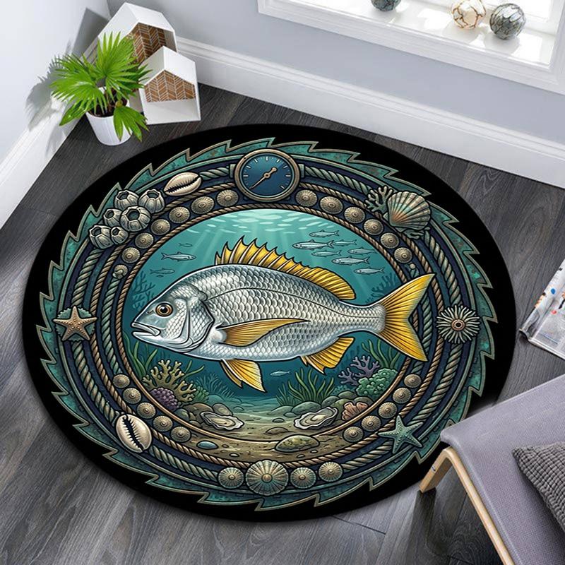 Marine Life Emblem Round Area Rug Under Office Chairs Bedroom Living Room Home Decor