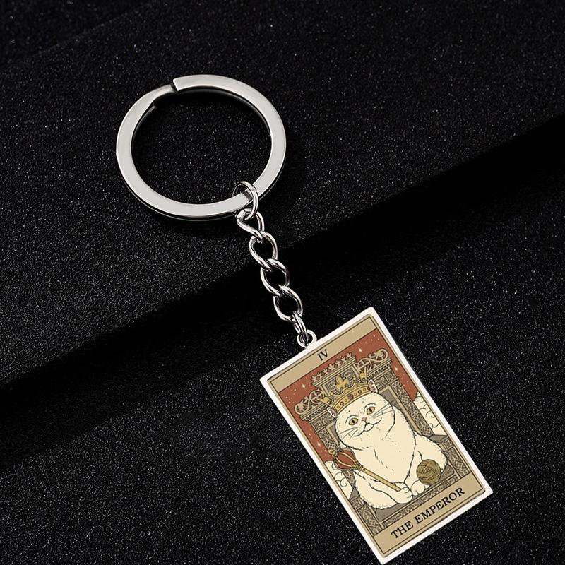 Cute Cat Tarot Card Keychain Vintage Rectangle Epoxy Stainless Steel Pendant Key Chain Animal Divination Jewelry