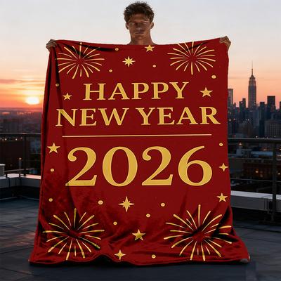 1pc New Year 2026 Outdoor Flannel Blanket Soft All Season Polyester Throw , Perfect for Picnics & Travel , Picnic Accessory